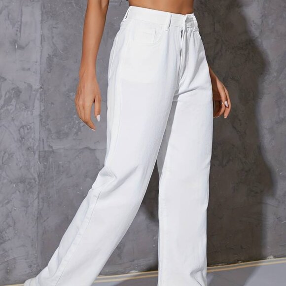 High Waist Plain Design Denim White Pants Loose Fit Casual Womens Small - Picture 1 of 6
